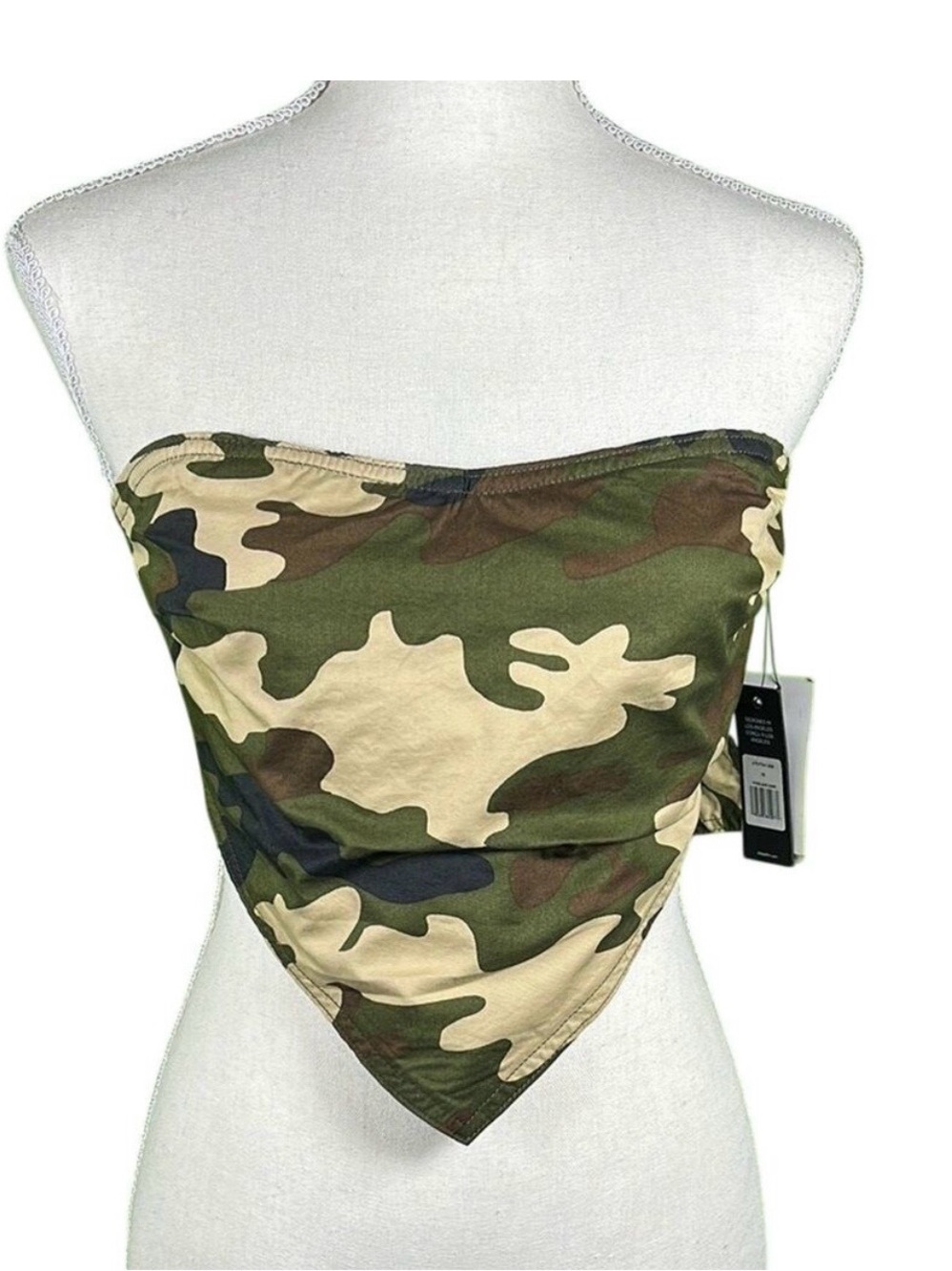 AFRM Camo Print Strapless Bandana Crop Top in Green & Tan
